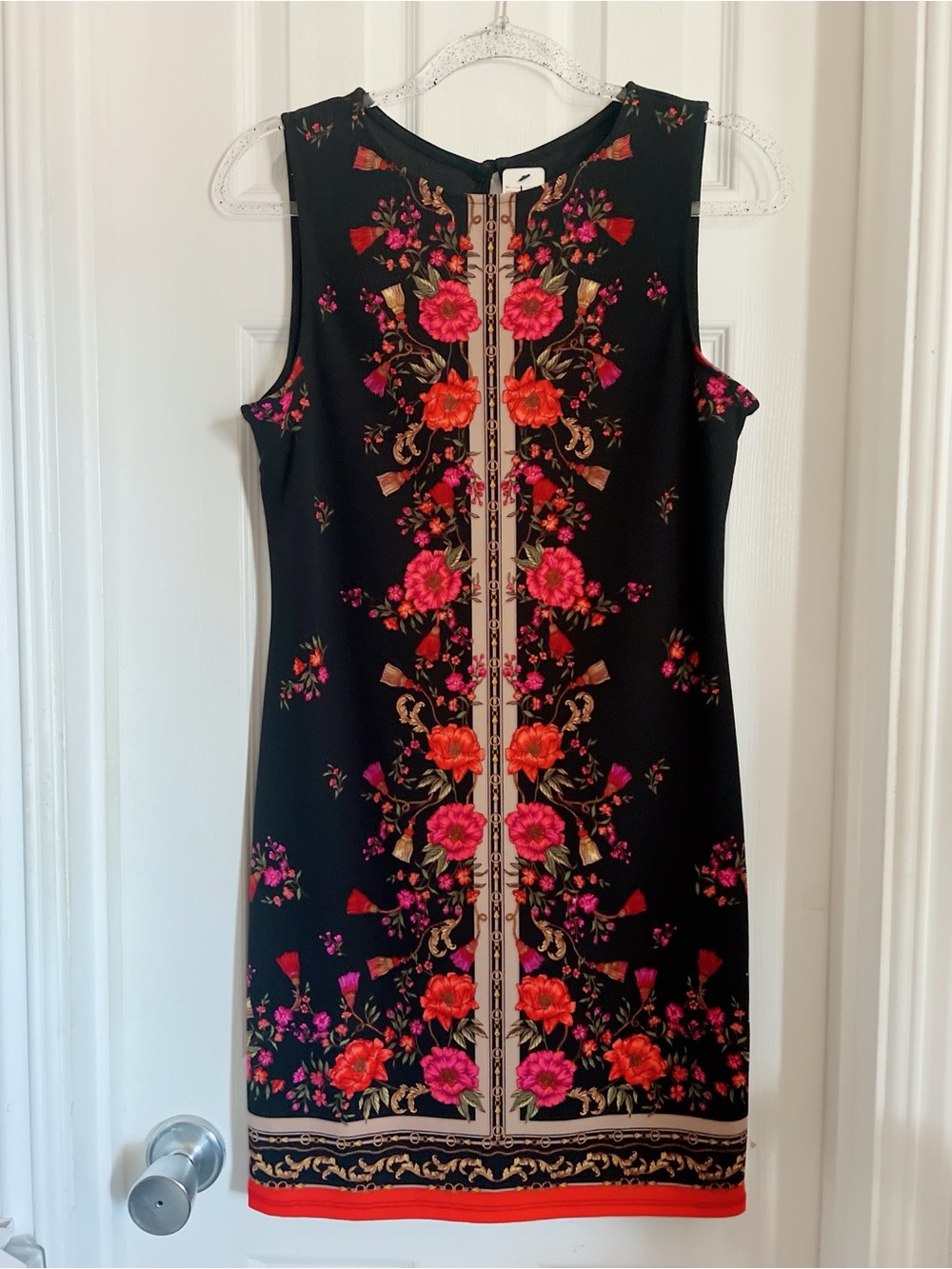 Haute Monde L juniors dress stretch black pink red floral rose tassel print
